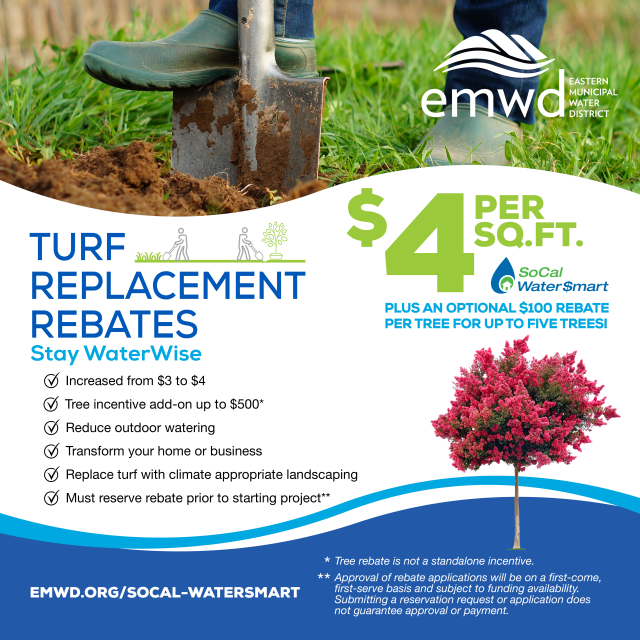 Turf replacement rebates. Stay WaterWise. Increased from $3 to $4. Plus an optional $100 rebate per tree for up to five trees!