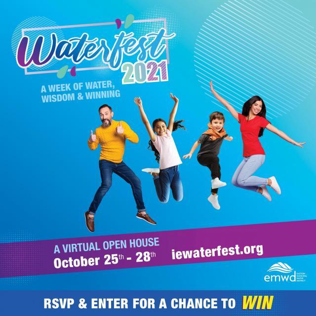 Family of four jumping joyously in an image promoting Waterfest Open House