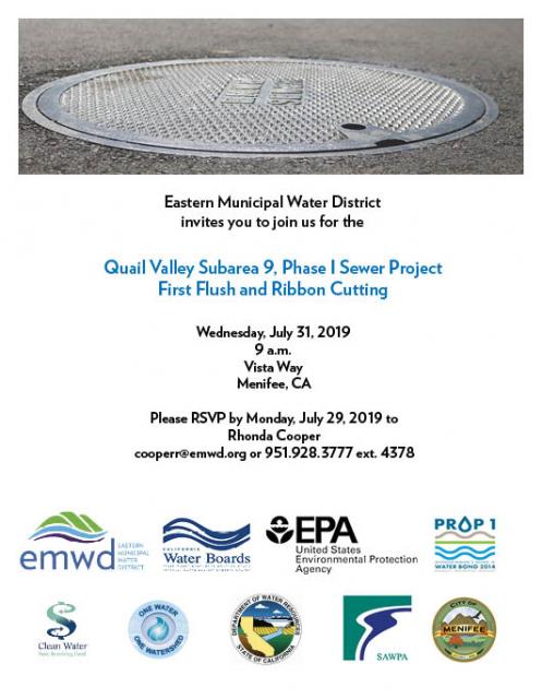 Invite for Quail Valley subarea 9, phase 1 sewer project first flush and ribbon cutting on July 31, 2019.