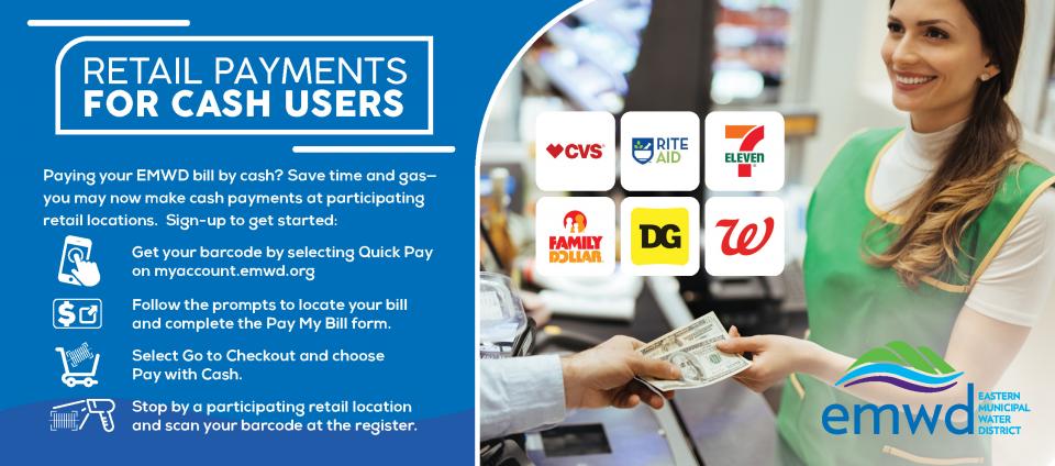 Flyer showing retail stores accepting EMWD Cash Payments 
