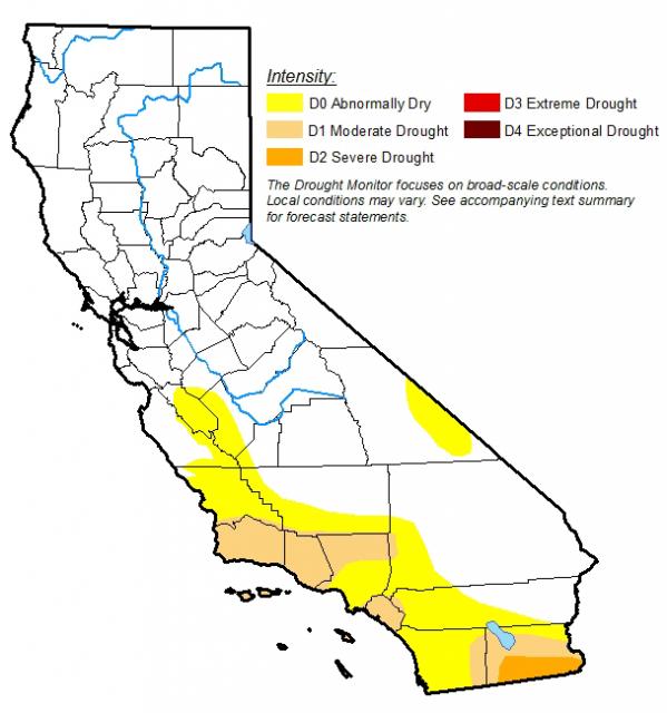 2017 map showing southern part of California ranging from abnormally dry to moderate drought. With the southeastern area, on Mexico border, is in a severe drought. 