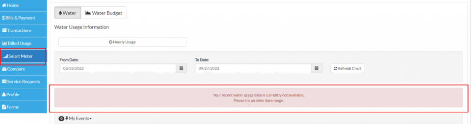 Screen image of MyAccount Portal with Smart Meter Tab Display Currently Unavailable