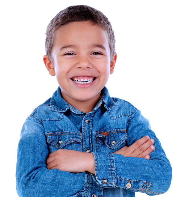 Young child in a jeans jacket smiling